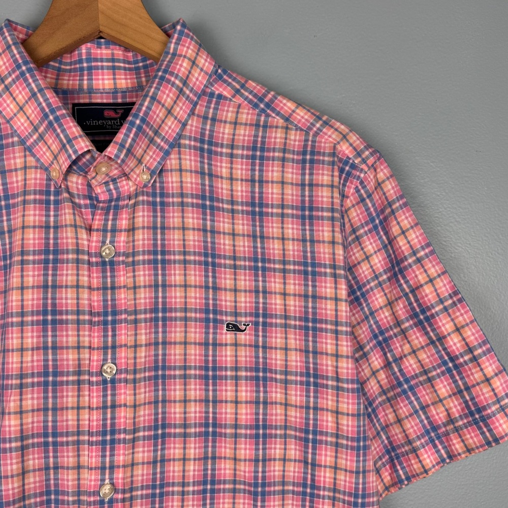 Vineyard Vines Slim Fit Whale Shirt Men's XL Pink Plaid Short Sleeve Button Up